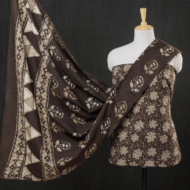 Brown - 3pc Cotton Block Printed Pipad Dress Material Set