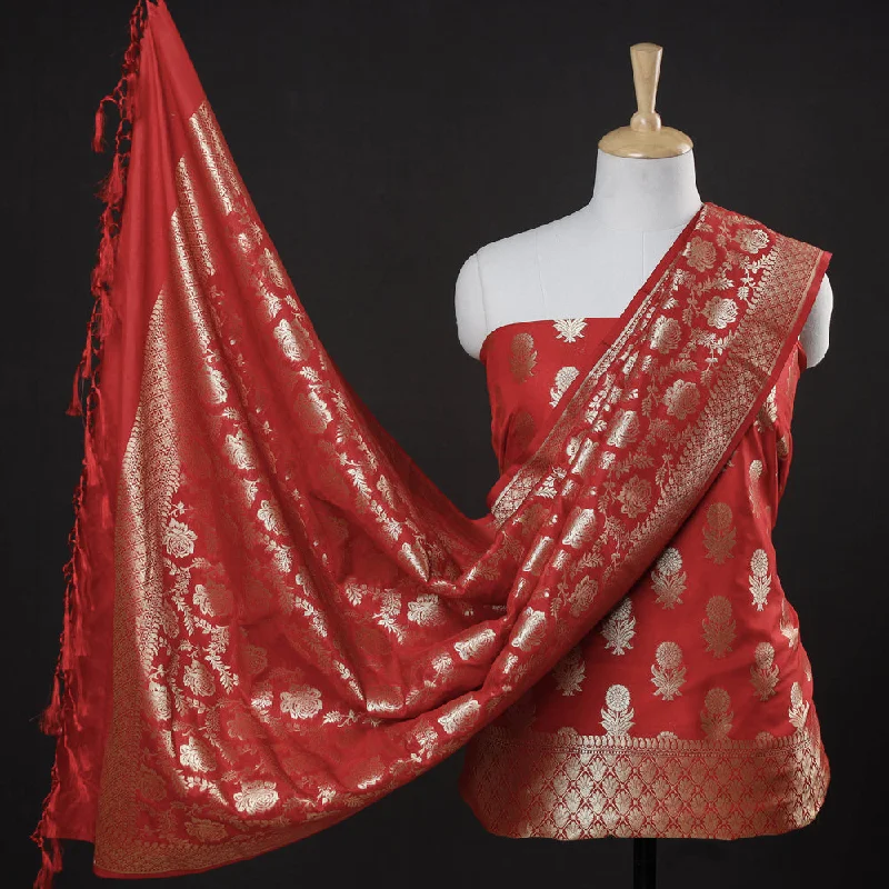 Steals and Deals Red - 3pc Zari Jaal & Buti Silk Banarasi Dress Material