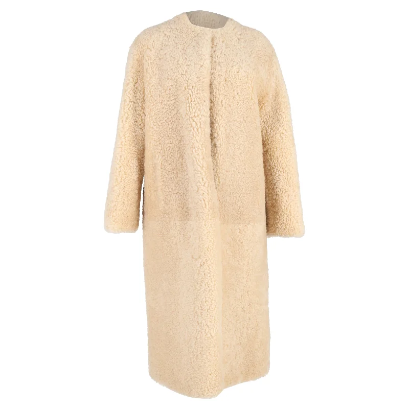 Deal Alert Chloé Belted Collarless Shearling Coat in Beige Lamb Fur