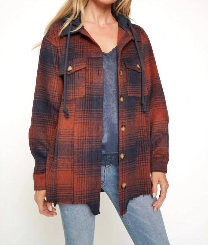 Doorbuster Deal Kirsten Oversized Plaid Hooded Shacket In Burgundy
