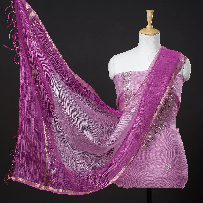 Lowest Price Purple - 3pc Kota Doria Silk Dress Material with Pitta Work