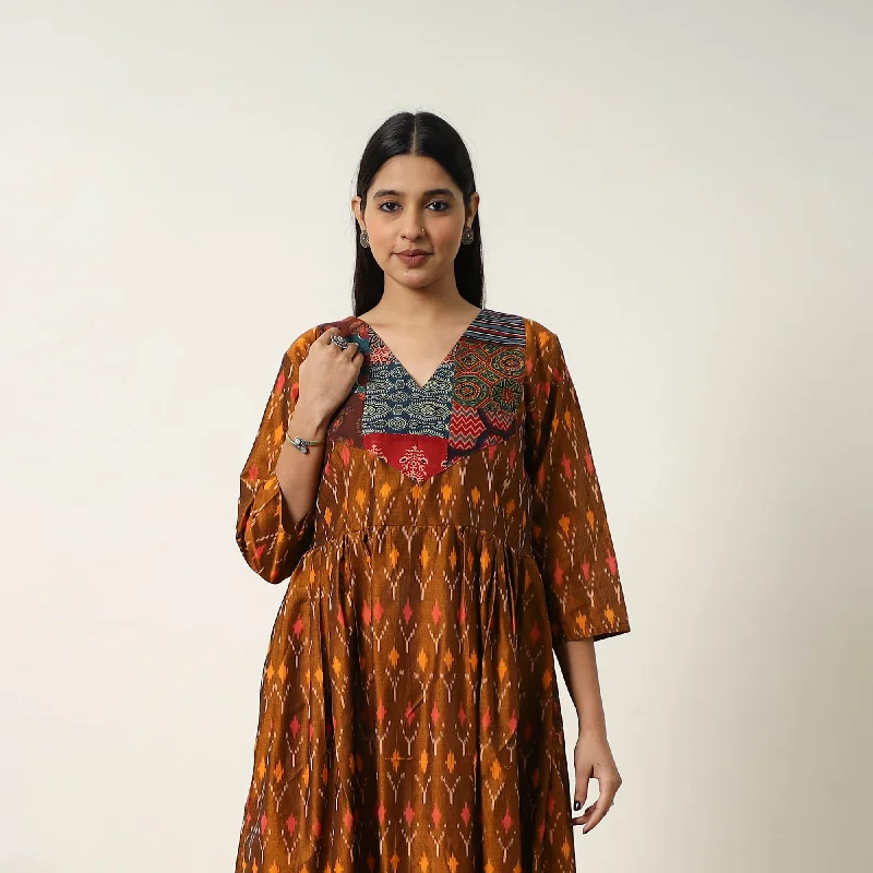 Final Clearance Brown - Mercerized Cotton Flared Pochampally Ikat Dress 04