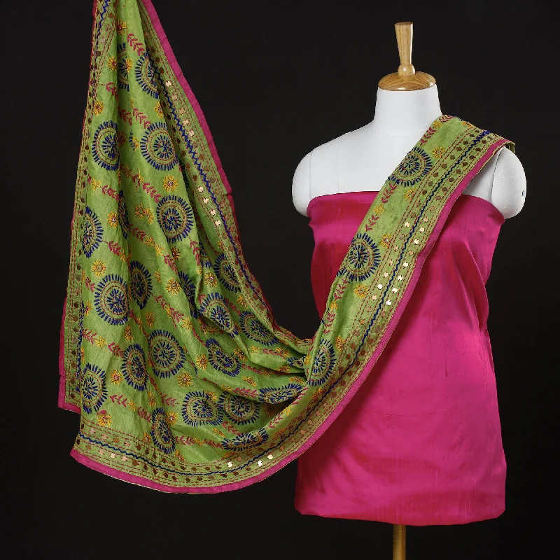 Members Only Pink - 2pc Plain Spun Dupion Silk Kurta with Phulkari Dupatta