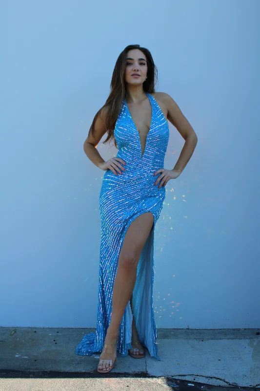 Aleta 1151 Fitted Long Formal Slit Prom Dress Unicorn Blue