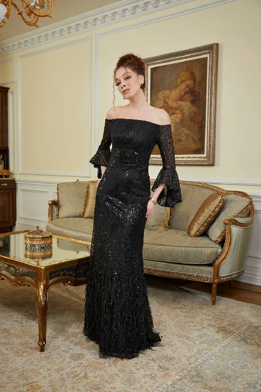 Fantastic Deals MGNY Madeline Gardner New York 72842 Long Formal Sequin Dress with Feathers