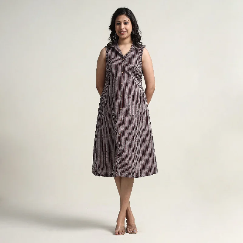 Seasonal Clearance Brown - Plain Handloom Cotton Collared Neck Buttoned Down Dress