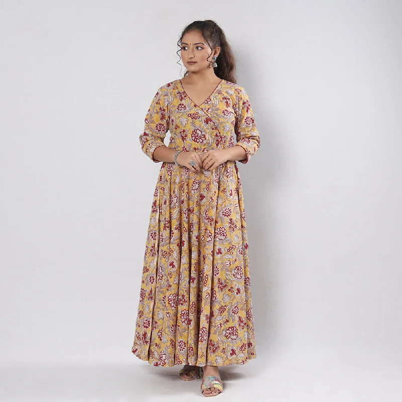 Daily Specials Yellow - Sanganeri Block Printed Cotton Flared Gher Dress