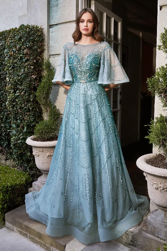 Holiday Sale Cinderella Divine B719 Short Sleeve Beaded Long A Line Prom Dress