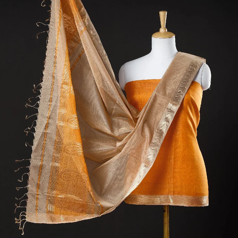 Orange - 2pc Maheshwari Silk Cotton Handloom Tissue Zari Work Suit Material Set