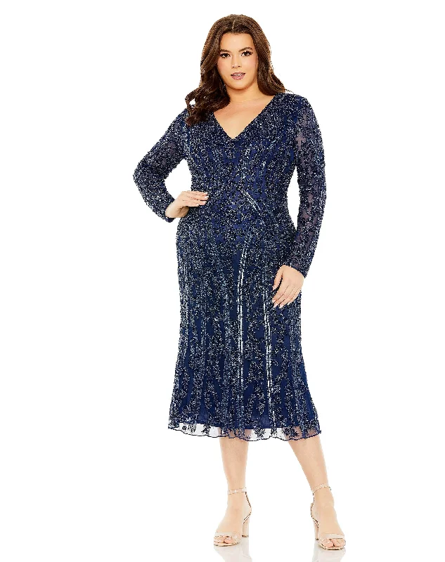 Discount Days Mac Duggal 5938 Plus Size Long Sleeve Fitted Midi Dress