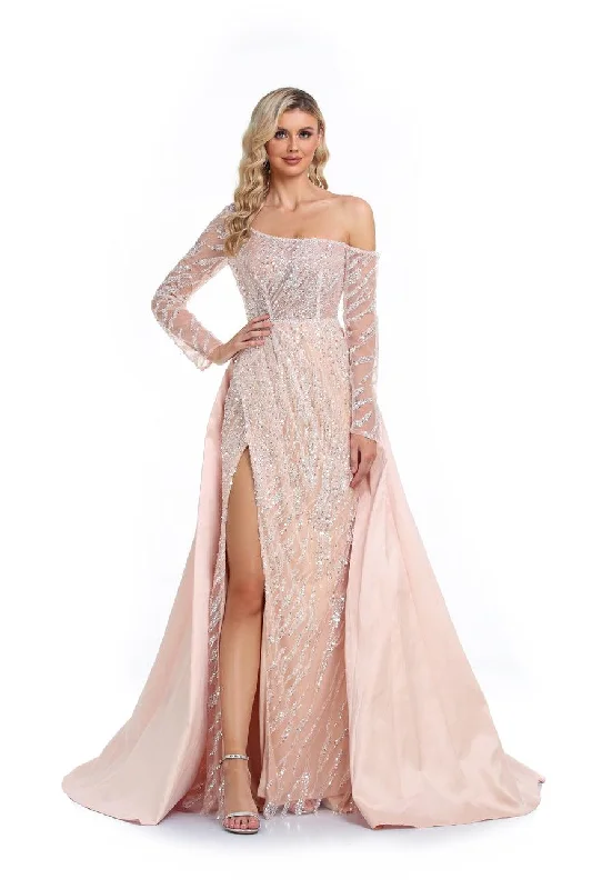 High Couture NR2273 Prom Long One Shoulder Formal Dress Champagne