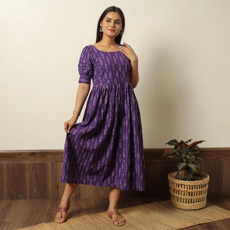 Year-End Sale Purple - Pochampally Ikat Weave Cotton Flared Dress 13