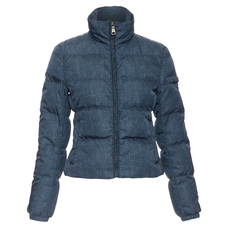 Today Only Prad navy denim fabric print triangle logo cropped puffer jacket
