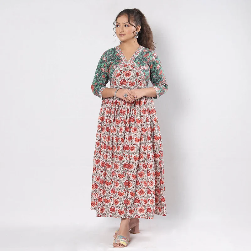 Can't Be Beat Red - Sanganeri Block Printed Cotton Flared Gher Dress