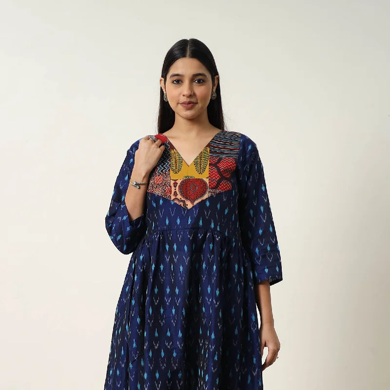 TIME-Limited Offer Blue - Mercerized Cotton Flared Pochampally Ikat Dress 01