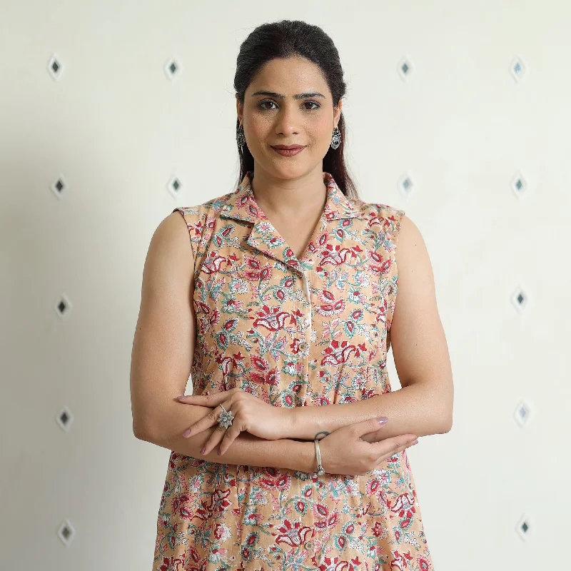Referral Discount Beige - Sanganeri Block Printed Cotton Collared Neck Buttoned Down Dress