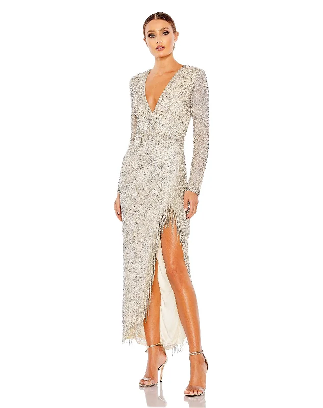 Price Reduction Mac Duggal 5741 Long Sleeve Beaded Fringe Formal Prom Dress