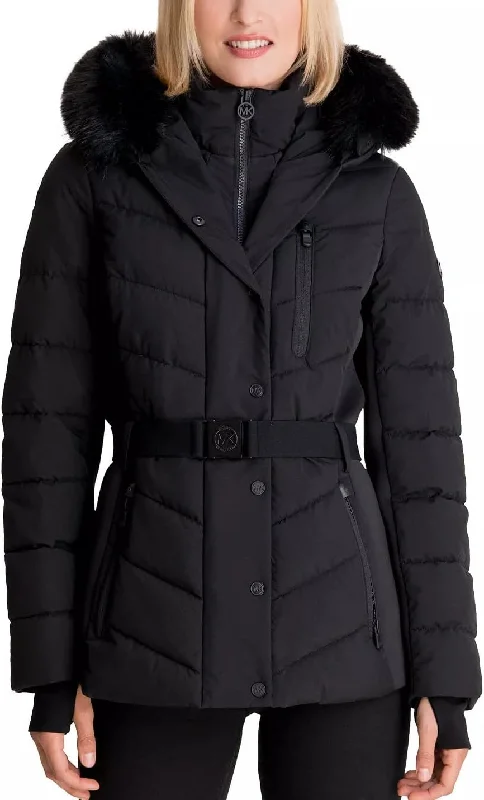 Michael Michael Kors Women's Faux Fur Belted Scuba Coat, Black