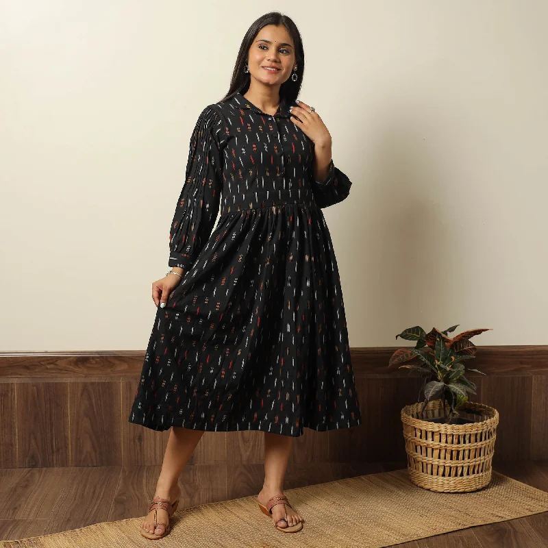 Blowout Sale Black - Pochampally Ikat Weave Cotton Flared Dress 11