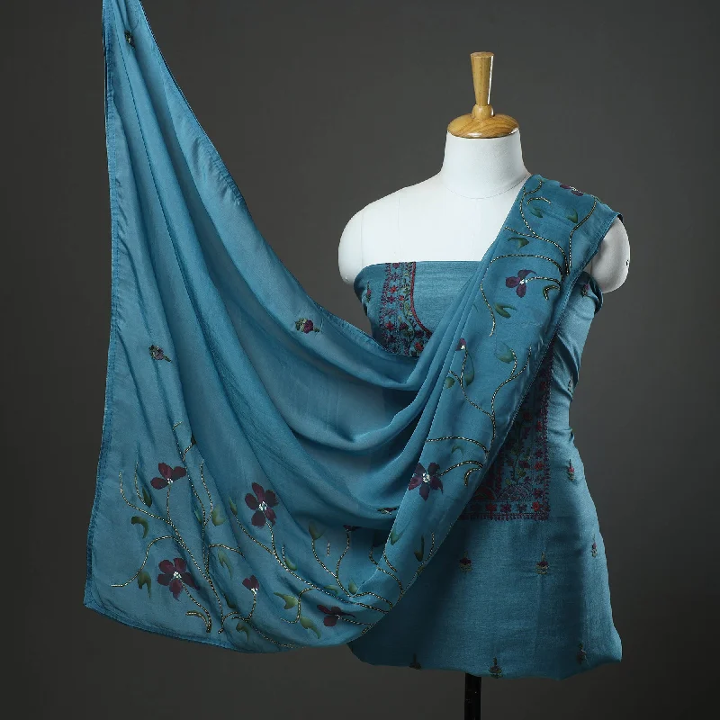 Year-End Sale Blue - 3pc Hand Embroidery Dupion Silk Phulkari Dress Material 12