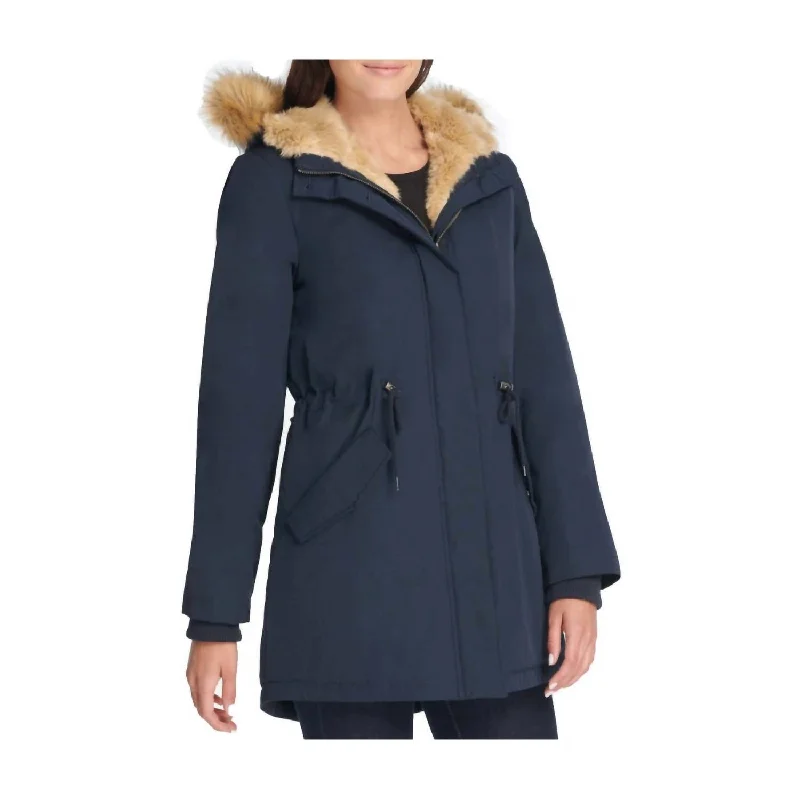 Massive Deals Faux Fur Trimmed Hooded Fishtail Parka Jacket In Blue