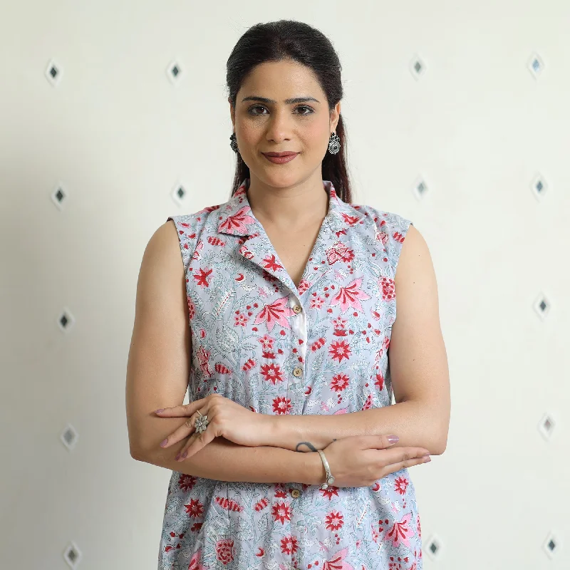 Price Break Light Grey - Sanganeri Block Printed Cotton Collared Neck Buttoned Down Dress