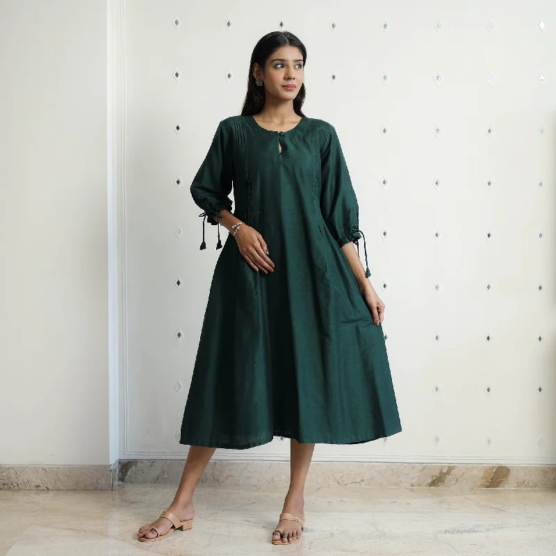 Deal Dash Mahek Dark Green Slub Silk Plain Dress