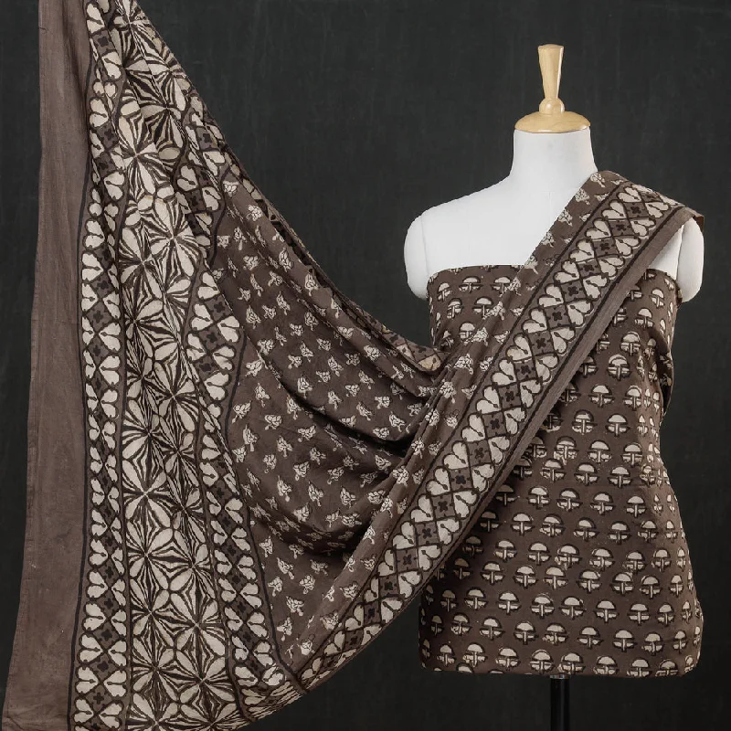 Brown - 3pc Cotton Block Printed Pipad Dress Material Set