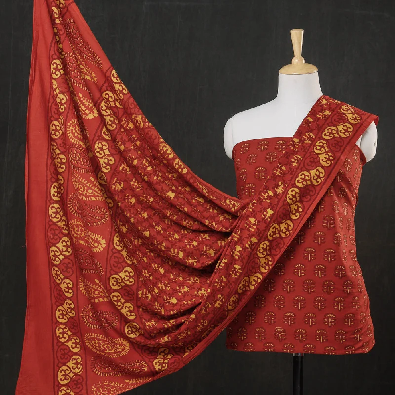 Red - 3pc Cotton Block Printed Pipad Dress Material Set