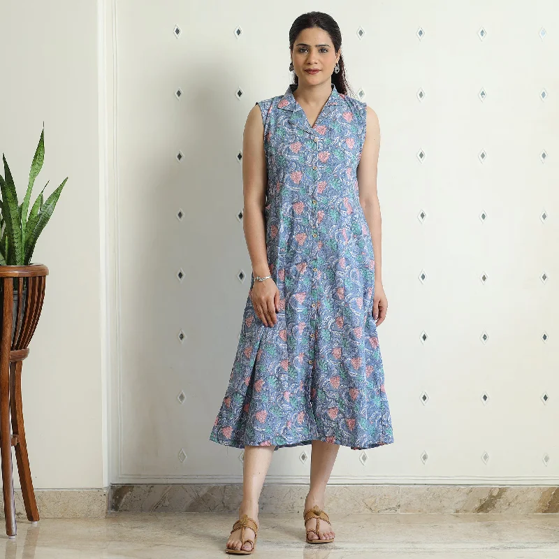 Best Bargains Light Blue - Sanganeri Block Printed Cotton Collared Neck Buttoned Down Dress