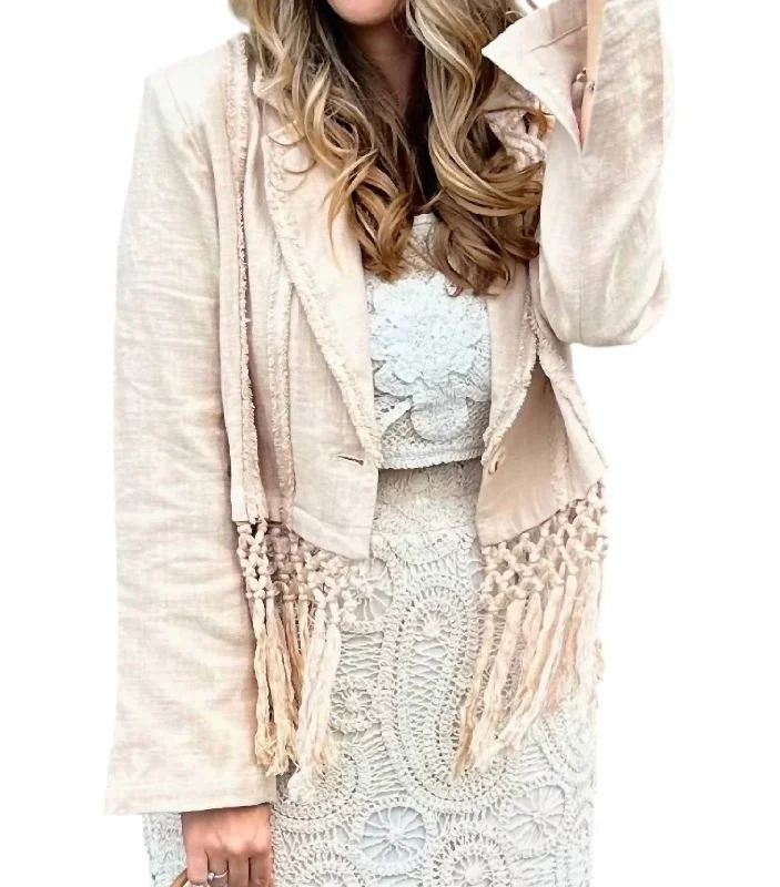 Sweet Fringe Linen Jacket In Beige