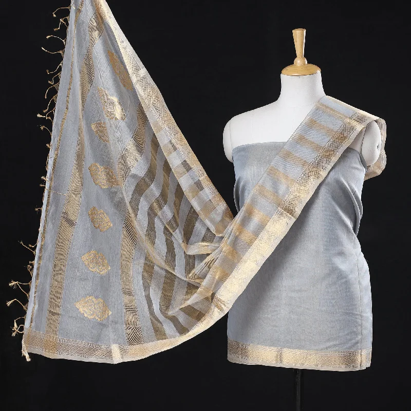 Grey - 2pc Maheshwari Silk Tissue Zari Handloom Suit Material Set