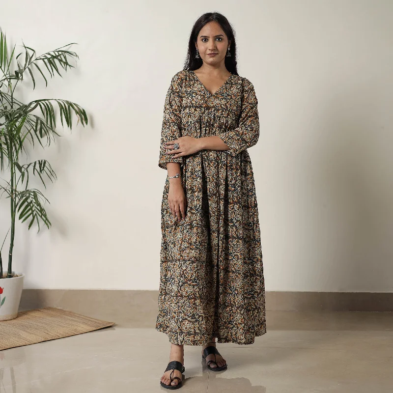 Brown - Pedana Kalamkari Block Printed Cotton Flared Dress 05