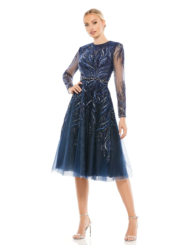 Sneak Peek Sale Mac Duggal 11136 Long Sleeve Beaded Cocktail Tea Length Dress