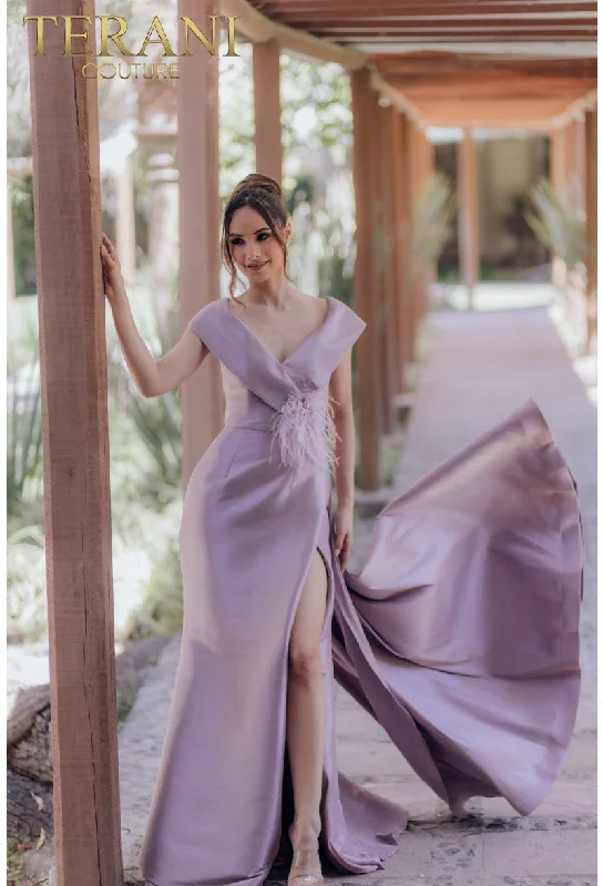 Great Bargains Terani Couture 232M1534 Long Formal Overskirt Feather Dress