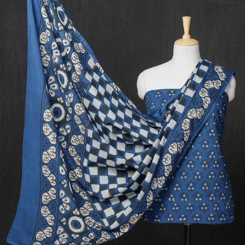 Blue - 3pc Cotton Block Printed Pipad Dress Material Set