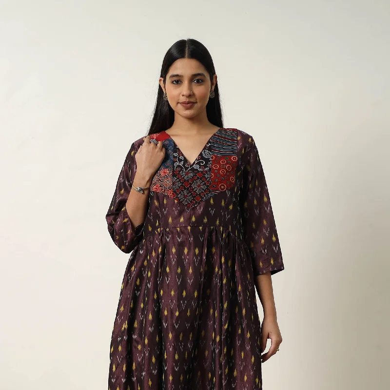 Massive Deals Brown - Mercerized Cotton Flared Pochampally Ikat Dress 03