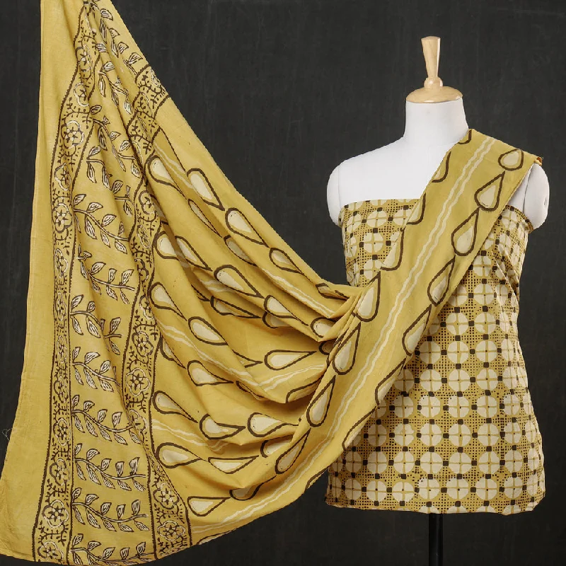 Yellow - 3pc Cotton Block Printed Pipad Dress Material Set