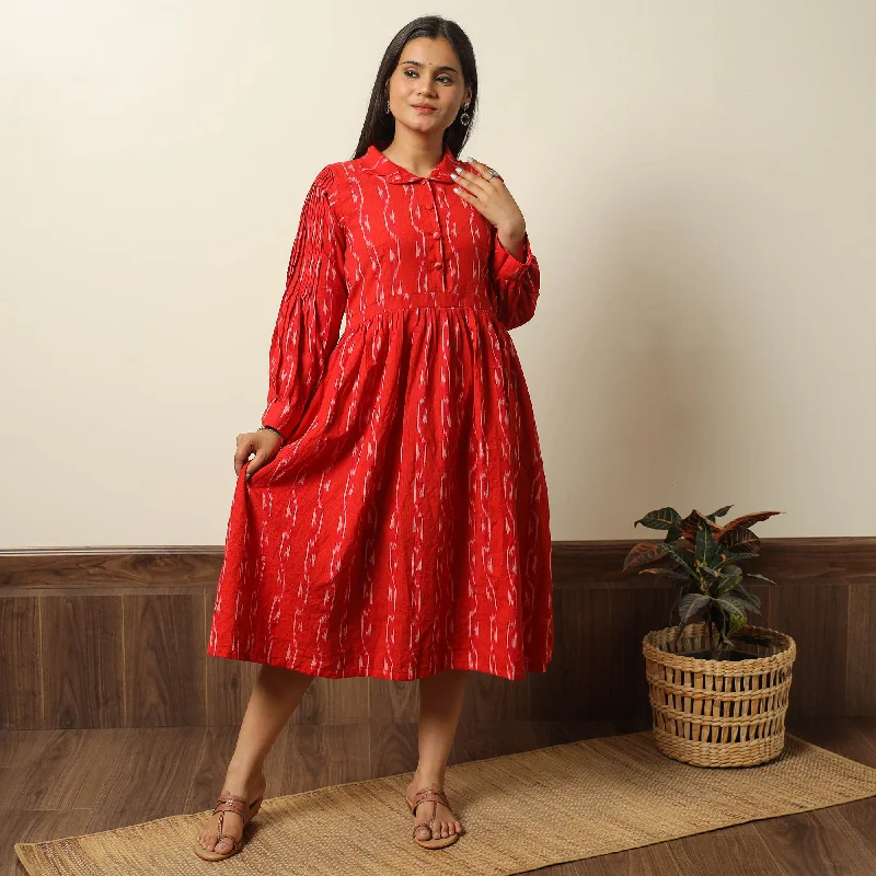 Don't Wait Red - Pochampally Ikat Weave Cotton Flared Dress 08