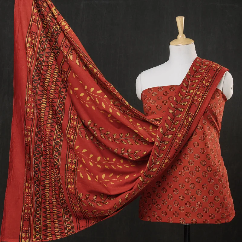 Red - 3pc Cotton Block Printed Pipad Dress Material Set