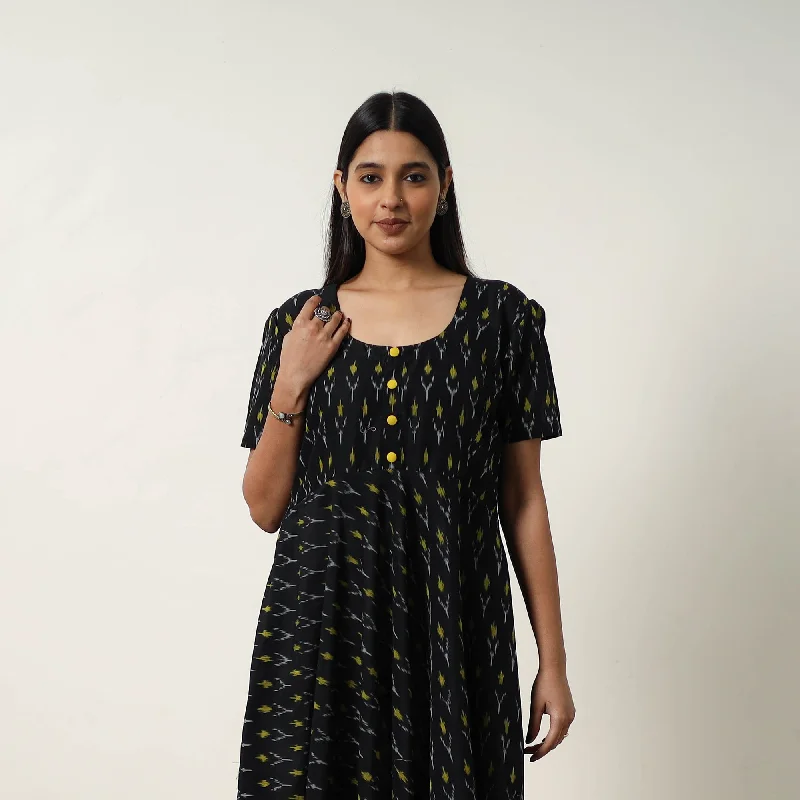 Limited Availability Black - Mercerized Cotton Flared Pochampally Ikat Dress 12