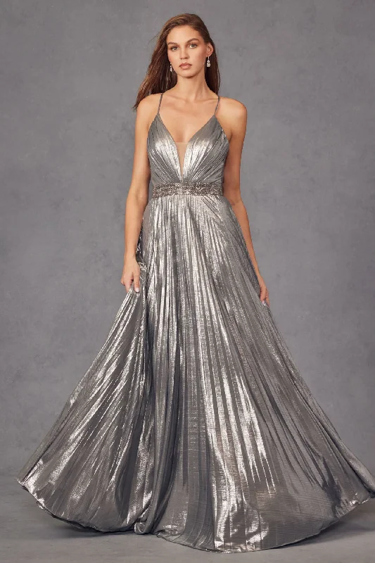 Act Fast Juliet 226 Long Formal Pleated Metallic Prom Dress