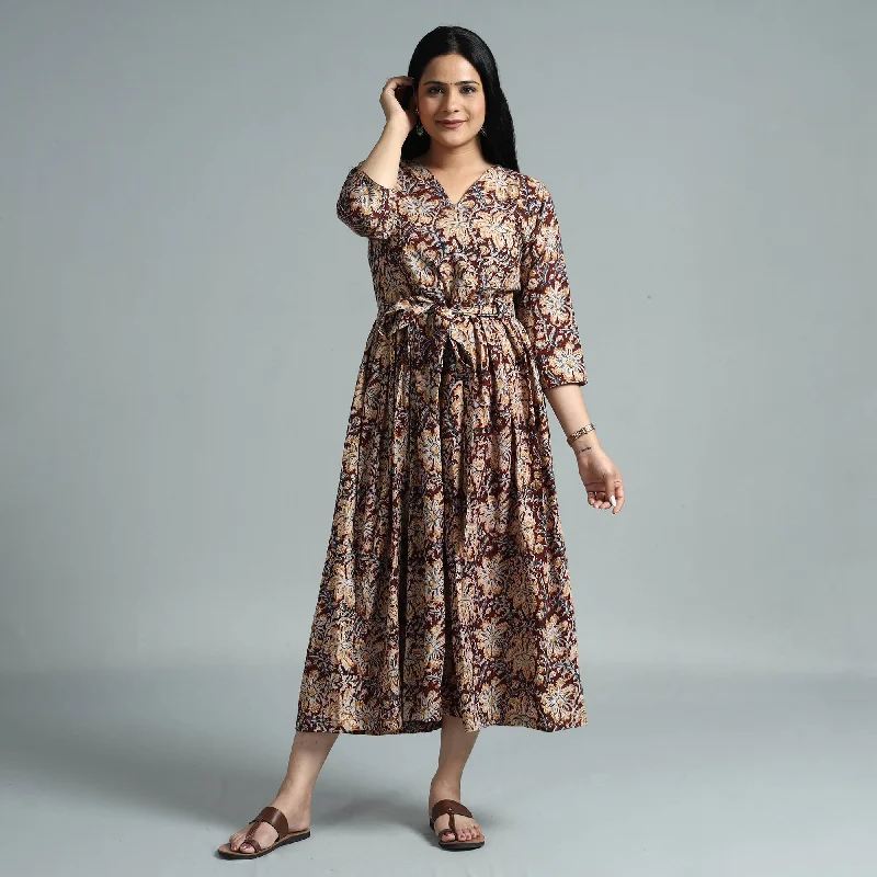 Brown - Kalamkari Block Printed Cotton Flared Gher Dress