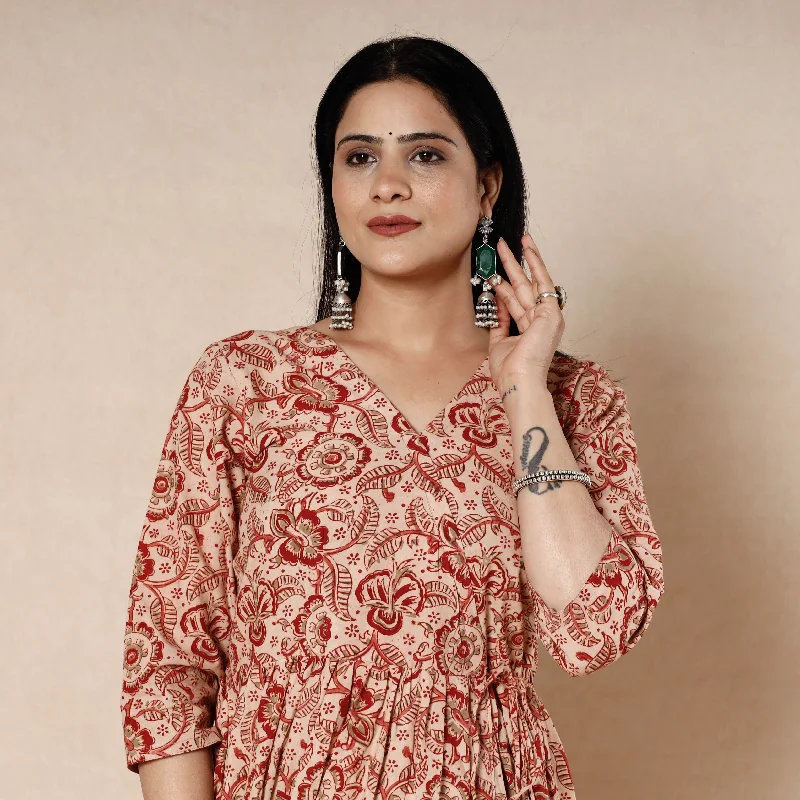 Beige - Kalamkari Block Printed Cotton Flared Dress