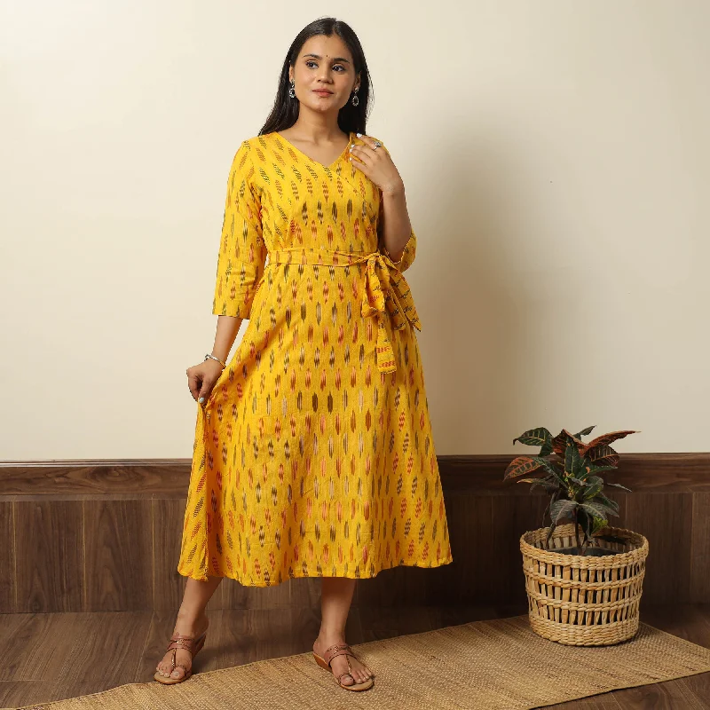 Big Discounts Yellow - Pochampally Ikat Weave Cotton Dress with Belt 20