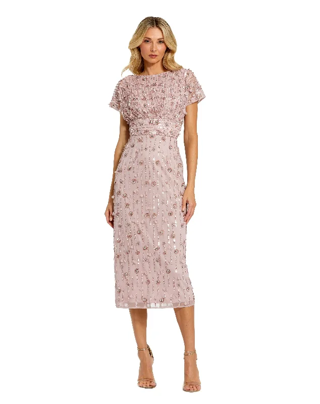 Limited Availability Mac Duggal 94117 Short Floral Beaded Cocktail Midi Dress