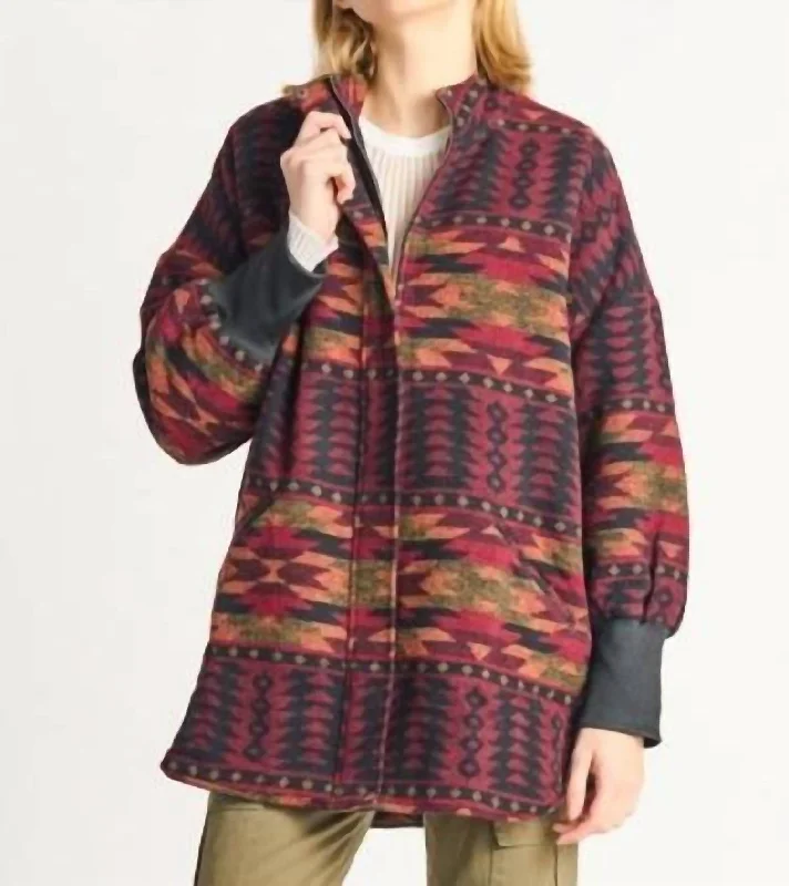 Bonus Savings Geo Zip Front Printed Jacket In Afghan Burgundy Geo