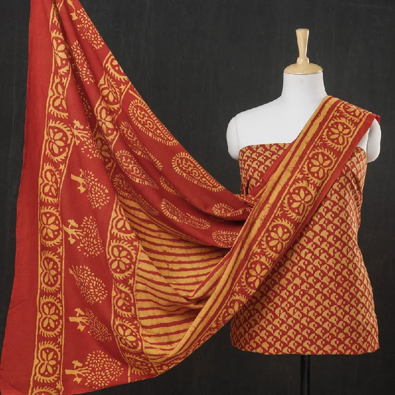 Orange - 3pc Cotton Block Printed Pipad Dress Material Set