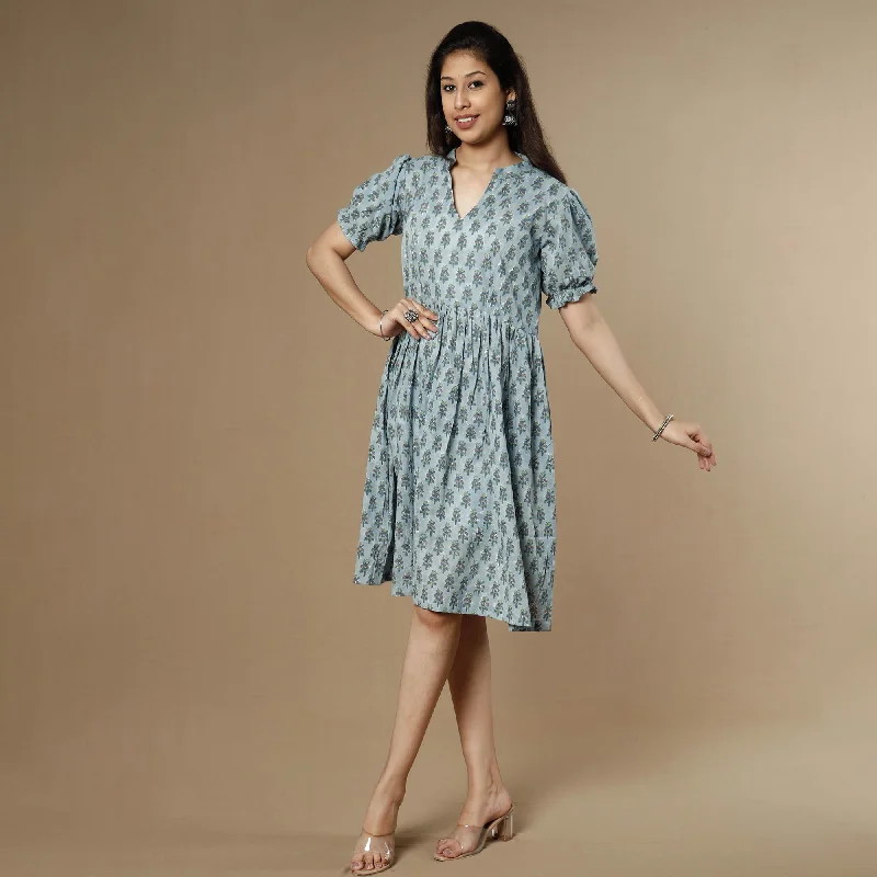 Best Deals Grey - Sanganeri Block Printed Flare Cotton Dress