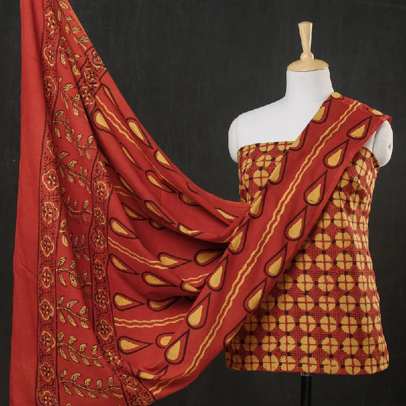 Red - 3pc Cotton Block Printed Pipad Dress Material Set